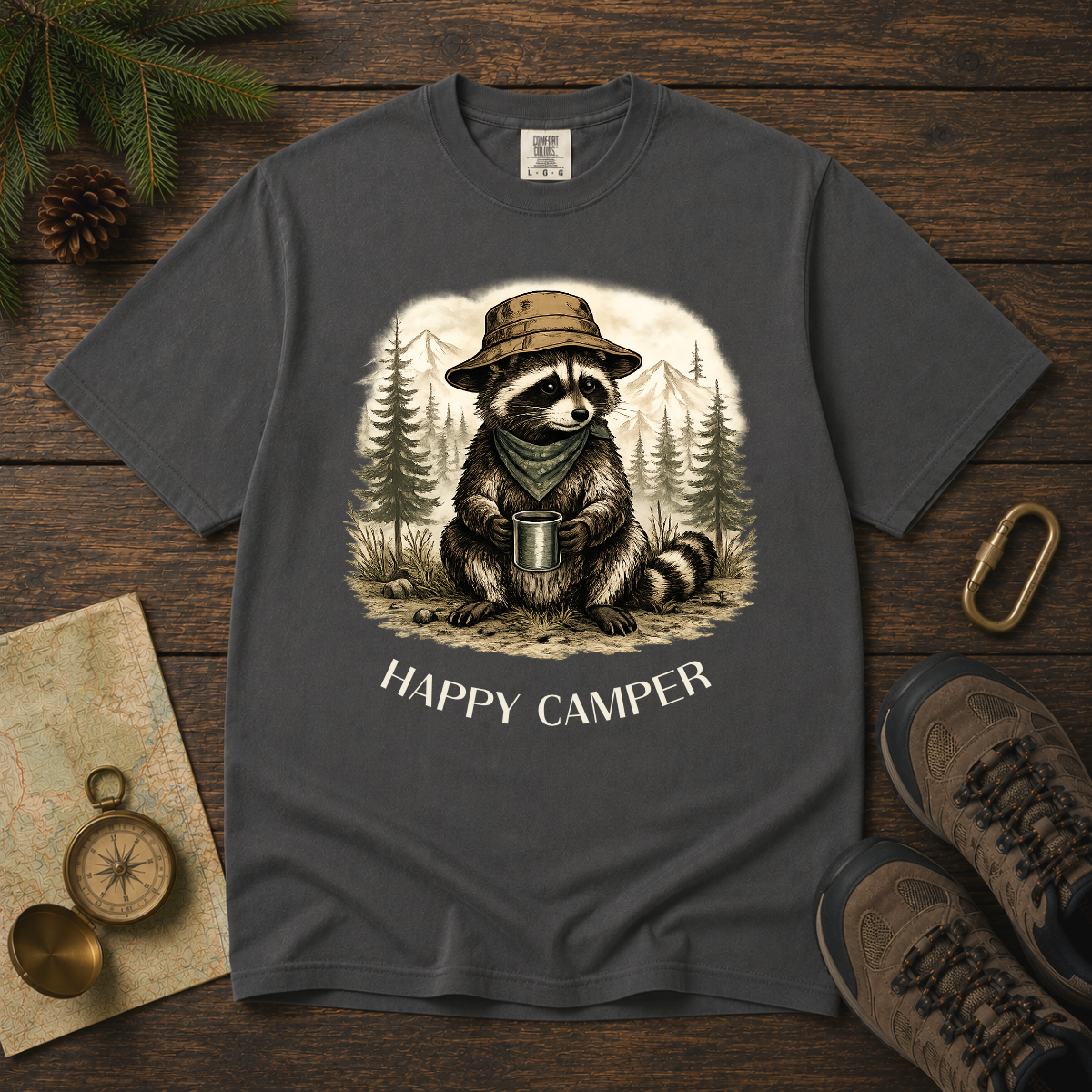 Happy Camper Raccoon – Camping T-Shirt | Explorer Edition