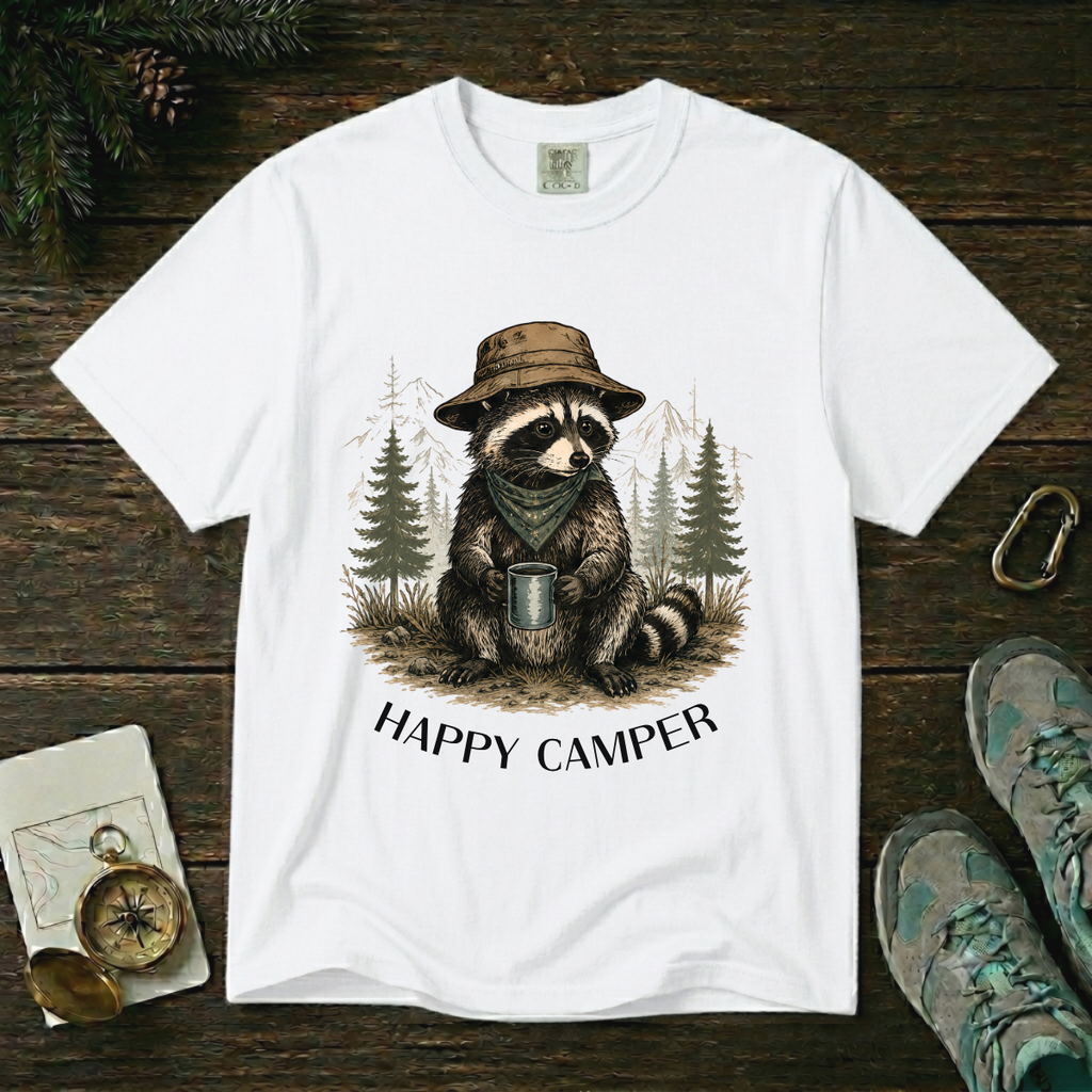Happy Camper Raccoon – Camping T-Shirt | Explorer Edition