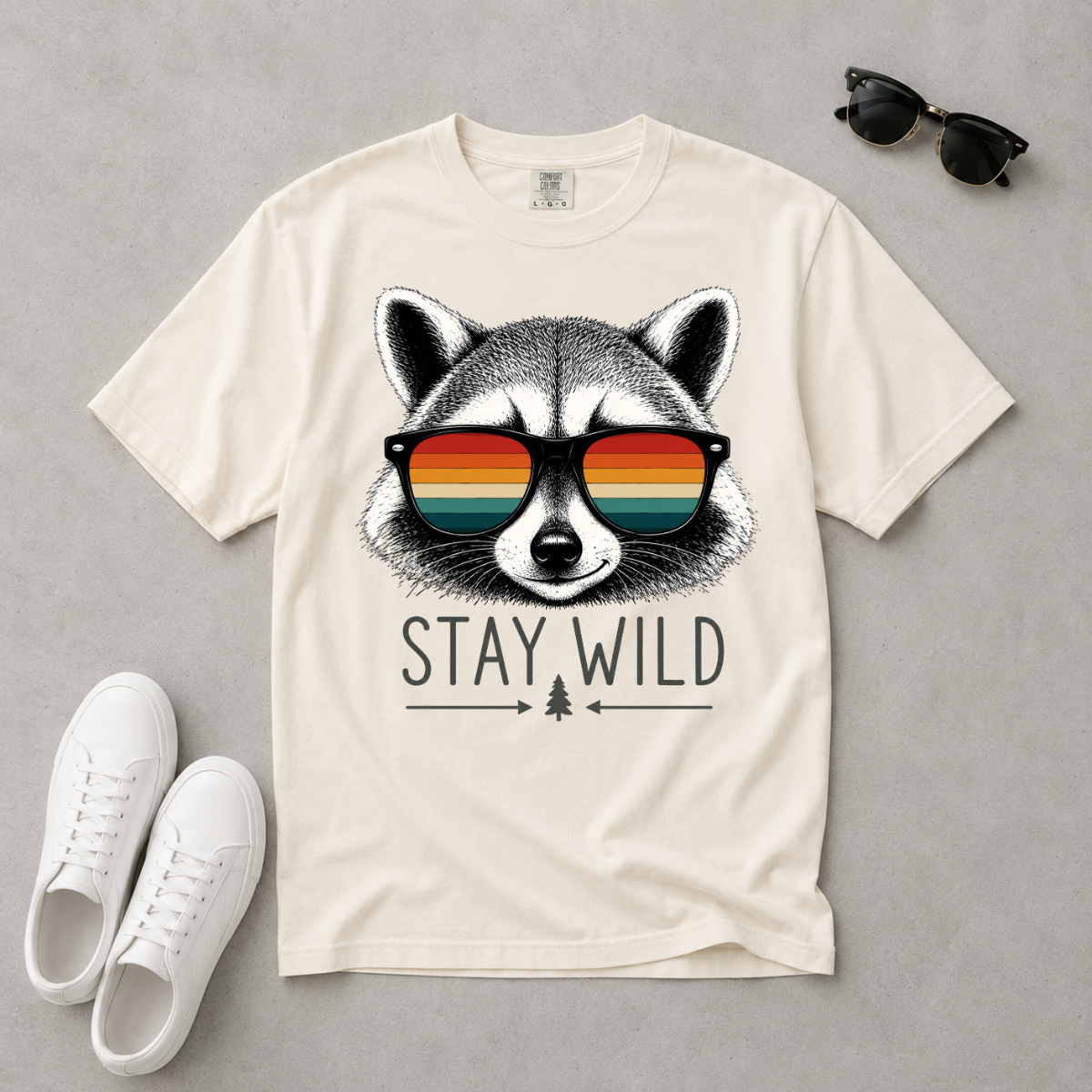 Stay Wild Raccoon – Retro Sunglasses T-Shirt | Explorer Edition