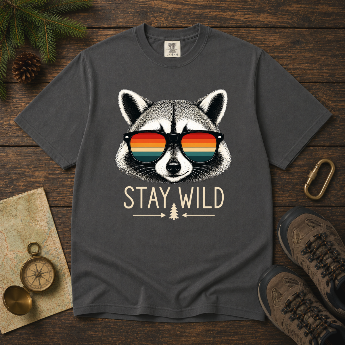Stay Wild Raccoon – Retro Sunglasses T-Shirt | Explorer Edition