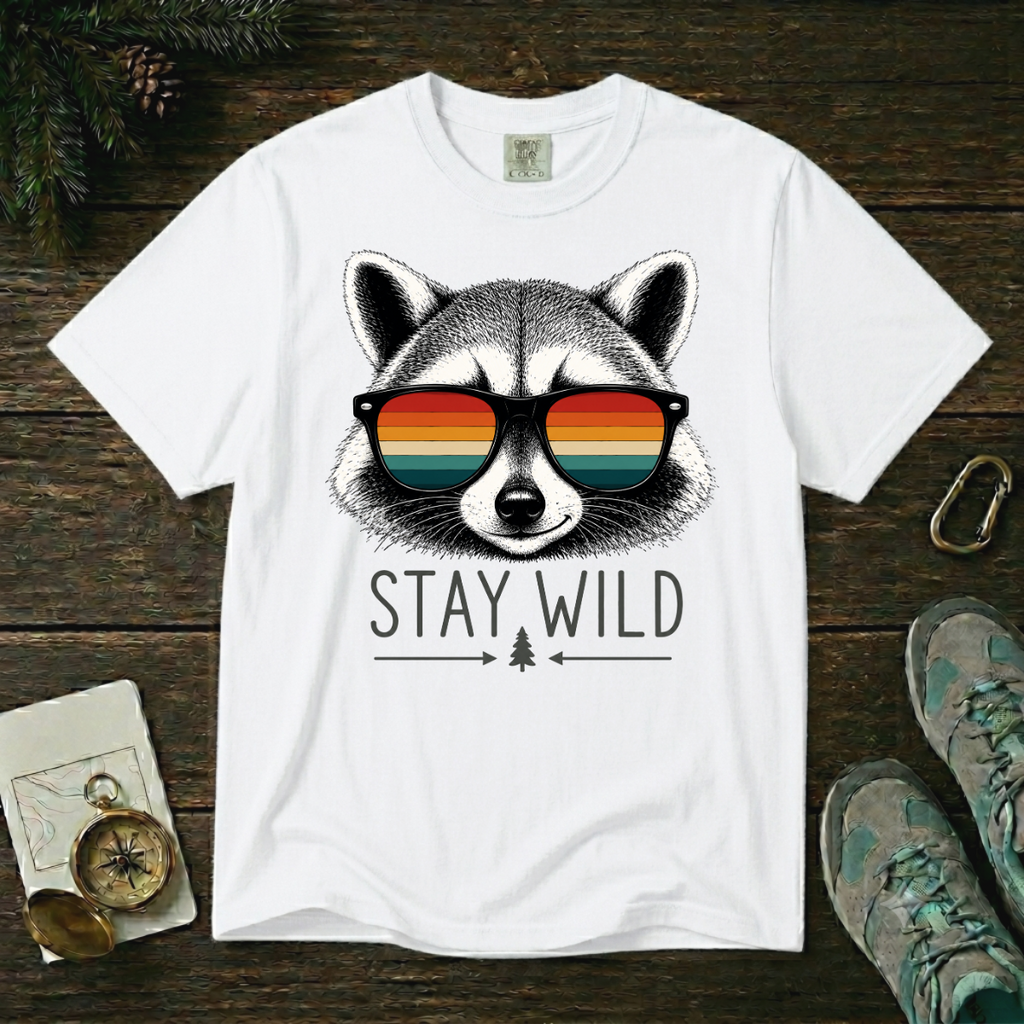 Stay Wild Raccoon – Retro Sunglasses T-Shirt | Explorer Edition