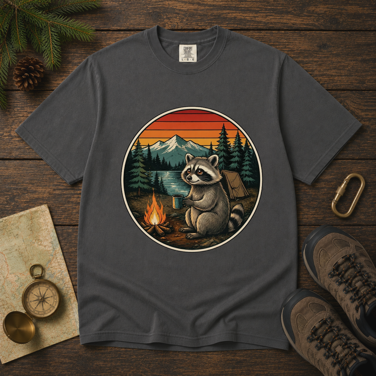 Camping Raccoon – Campfire T-Shirt | Explorer Edition