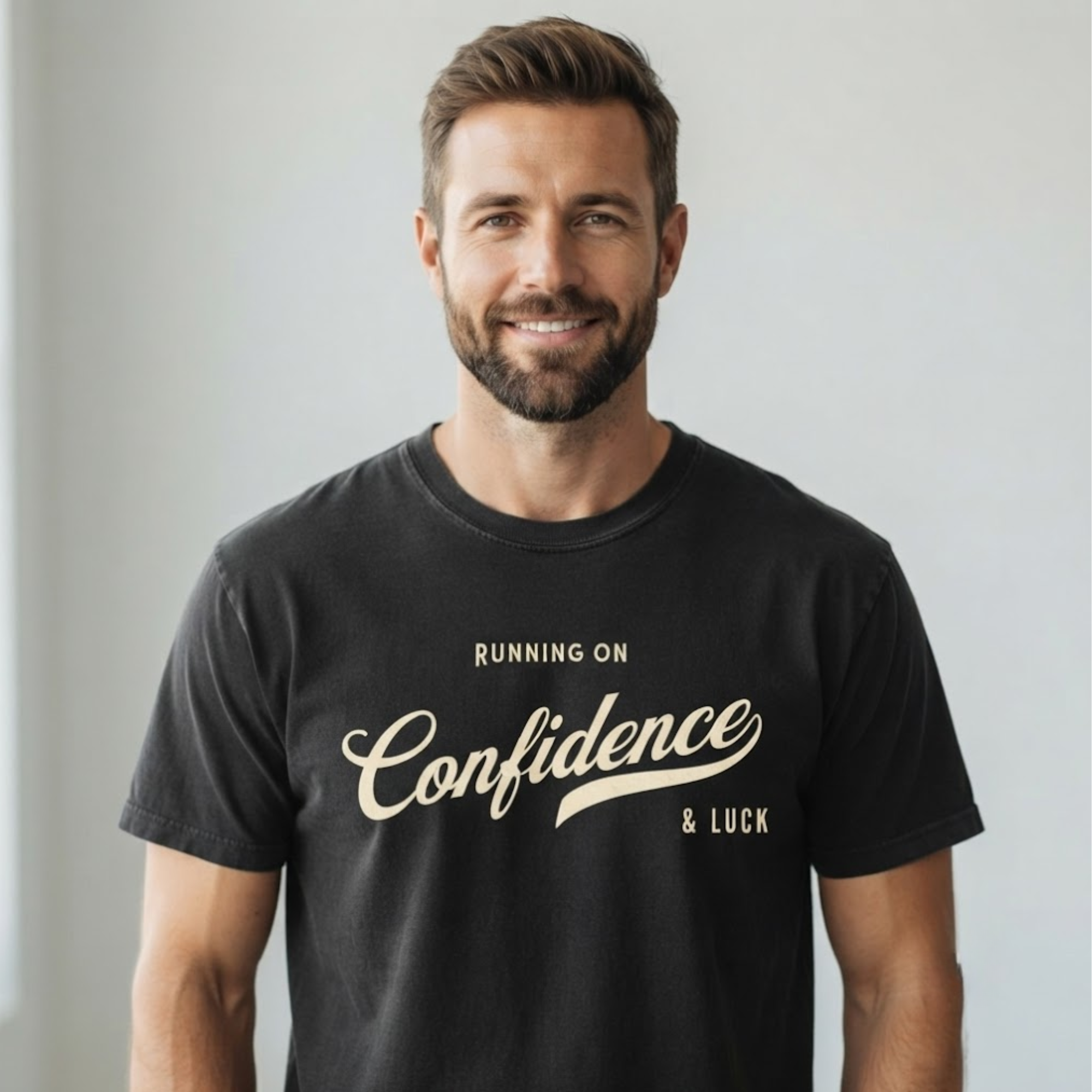 A smiling man with a beard wearing a black crewneck t-shirt with 'RUNNING ON Confidence & LUCK' printed in beige script on the front, set against a plain light gray background.