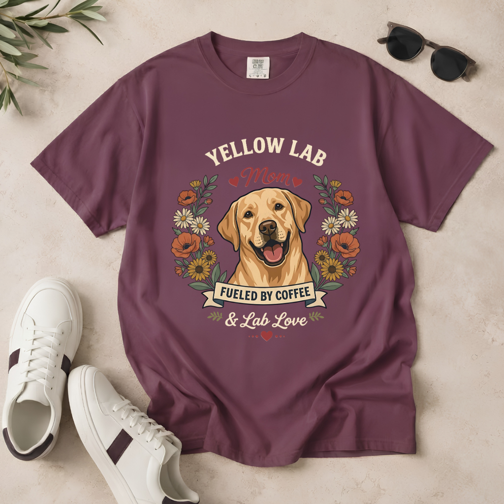 Yellow Labrador Dog Mom T-Shirt | Fueled by Coffee & Lab Love