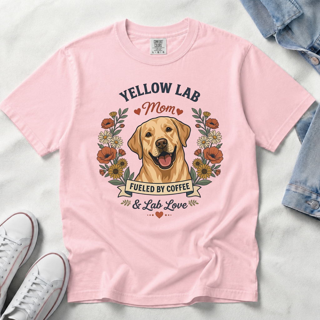 Yellow Labrador Dog Mom T-Shirt | Fueled by Coffee & Lab Love