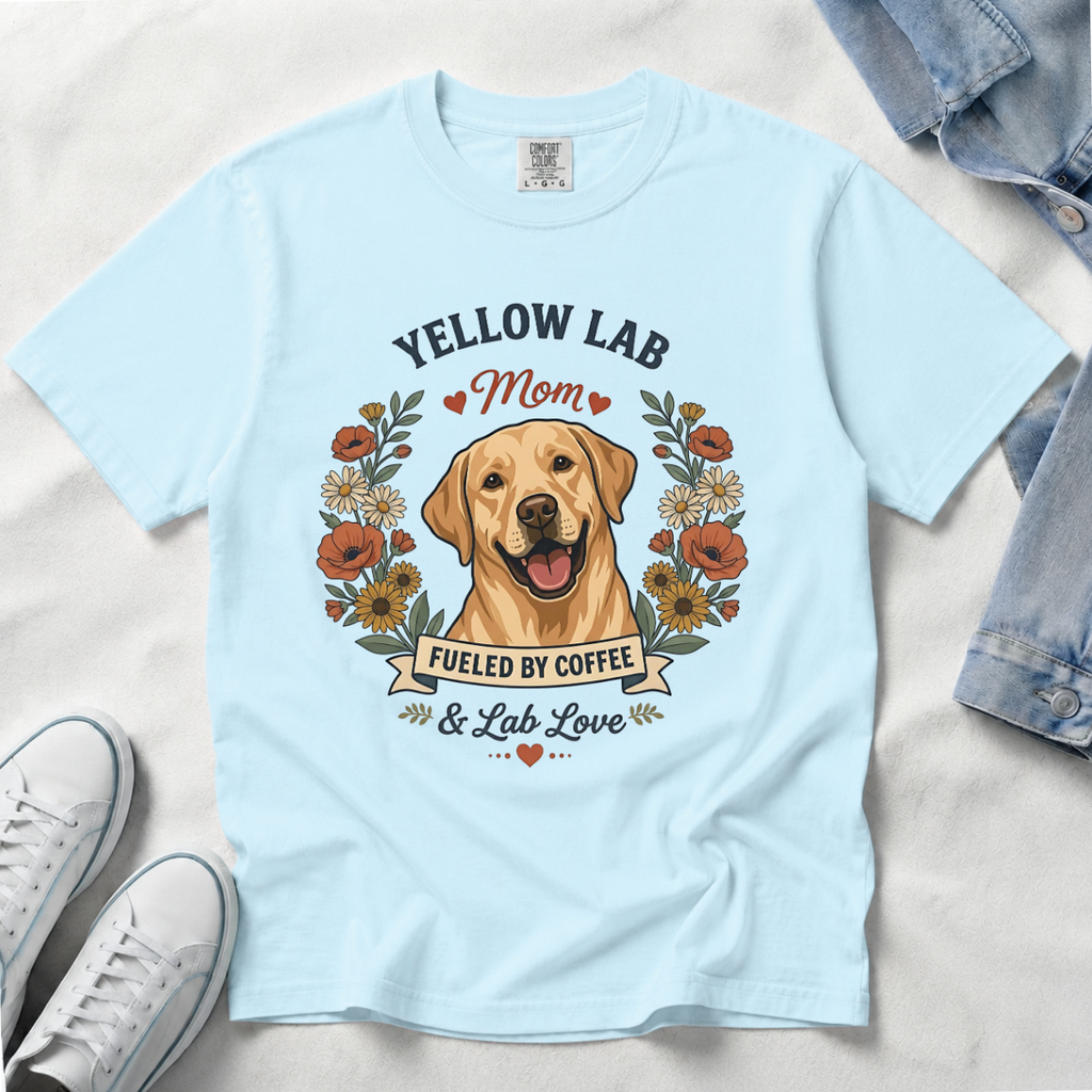 Yellow Labrador Dog Mom T-Shirt | Fueled by Coffee & Lab Love