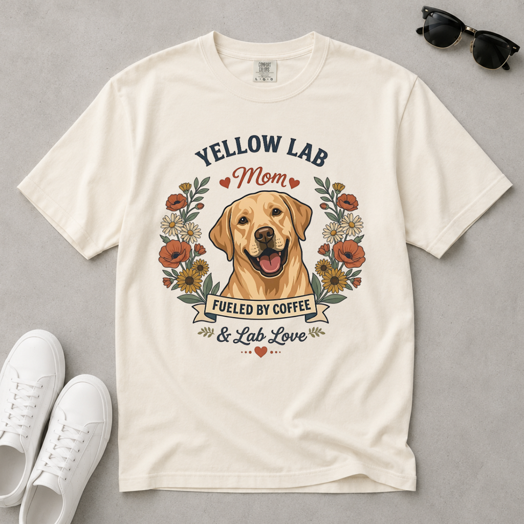 Yellow Labrador Dog Mom T-Shirt | Fueled by Coffee & Lab Love