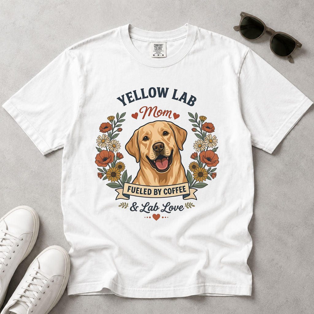 Yellow Labrador Dog Mom T-Shirt | Fueled by Coffee & Lab Love