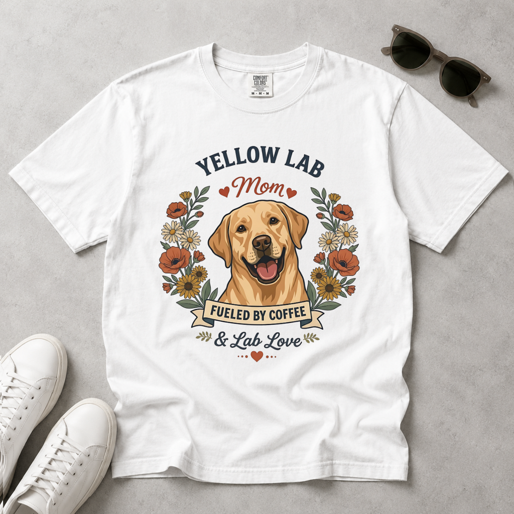 Yellow Labrador Dog Mom T-Shirt | Fueled by Coffee & Lab Love